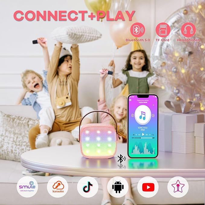 YLL Mini Karaoke Machine for Kids Adults, Portable Bluetooth Speaker with 2 Wireless Microphones, TOP Birthday Gifts Toys for Girls Ages 3, 4, 5, 6, 7, 8, 9,10,11,12+ Years Old Toddler (Lightpink)