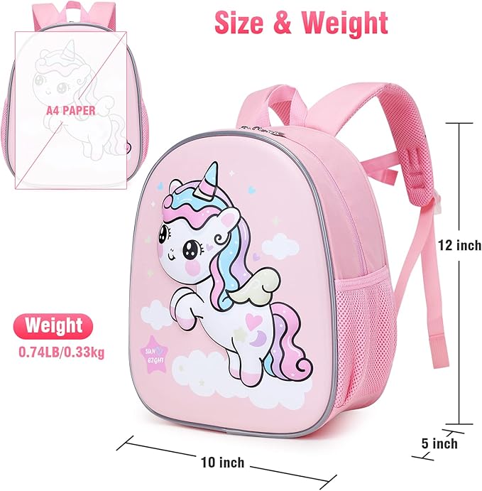 SUN EIGHT Toddler Backpack for Girls, Lunch Backpack Cute 3D Cartoon Animal Waterproof School Bag for Baby Girl Boy 2-5 Years（unicorn）