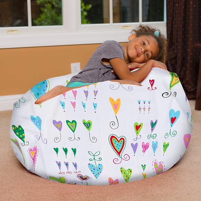 Posh Creations Bean Bag Chair for Kids, Teens, and Adults Includes Removable and Machine Washable Cover, Canvas Multi-Colored Hearts on White, 38in - Large