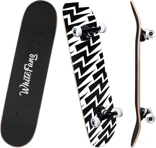 WhiteFang Skateboards for Beginners, Complete Skateboard 31 x 7.88, 7 Layer Canadian Maple Double Kick Concave Standard and Tricks Skateboards for Kids and Beginners