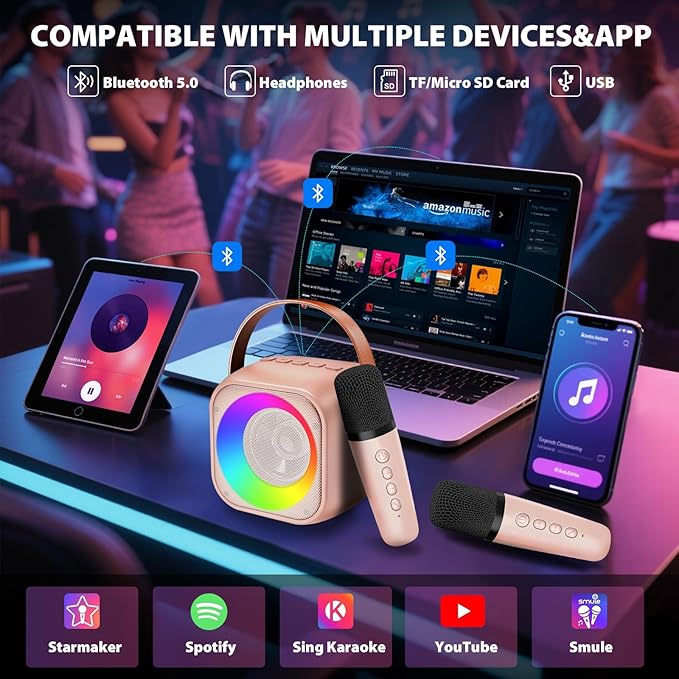 Mini Karaoke Machine for Kids Adults, Portable Bluetooth Speaker with 2 Wireless Microphones, Microphone and Speaker Set with Disco Light for Home Party Christmas Birthday Gift for Girls Boys