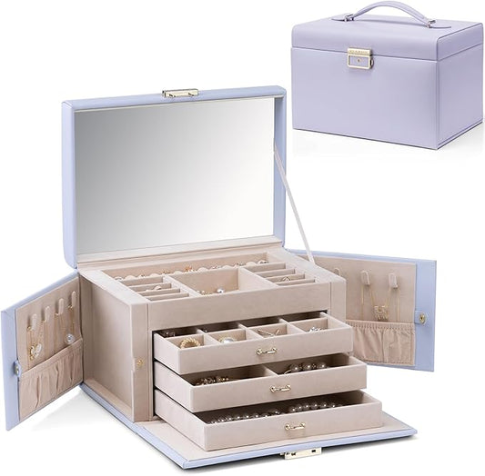 Vlando Jewelry Box for Girls, 4-Tier Jewelry Organizer with Lock, Mirror Jewelry Box for Earring, Ring, Necklace and Bracelets - Purple
