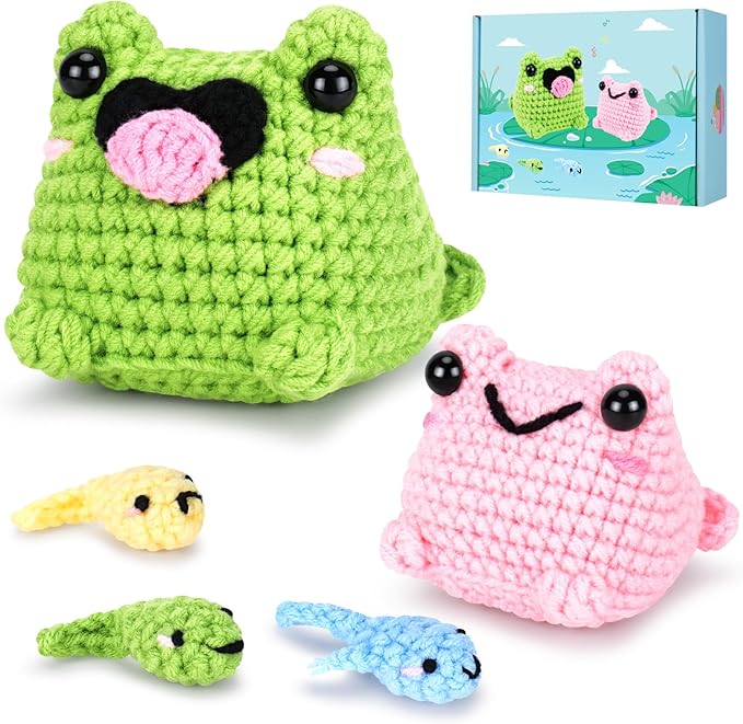 Crochet Kit for Beginners - Frog Family Crochet Kits with Step-by-Step Video Tutorials, Beginner Crochet Kit for Adults and Kids, 2 PCS Frogs and 3 PCS Tadpoles Crocheting Set