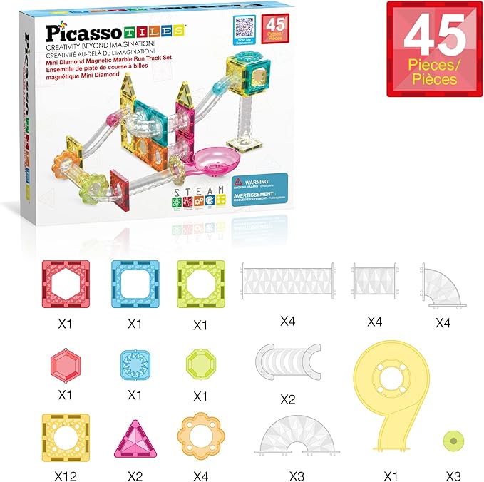 PicassoTiles Magnet Tiles Building Block Travel Size Magnetic Marble Run Construction Toy Set Mini Diamond Marble Racetrack Building Blocks Playset Education STEM Learning Kit Boy Girl 3+ PTMG45