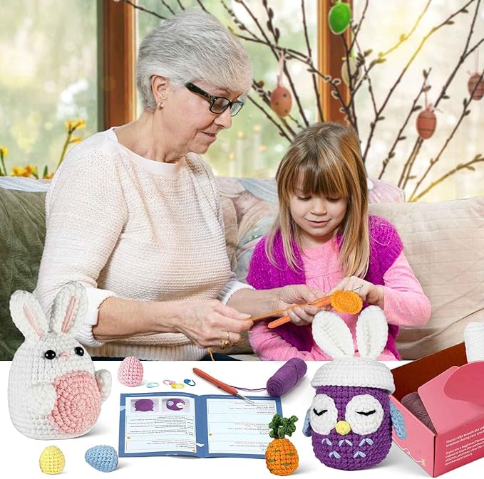 yhwsymgmho Crochet Kit for Beginners:2pcs Animals Crochet Starter Kits with Step-by-Step Video Tutorials,Easy Knitting Set for Adults Kids,DIY Crocheting Doll Gift(Bunny and owl)