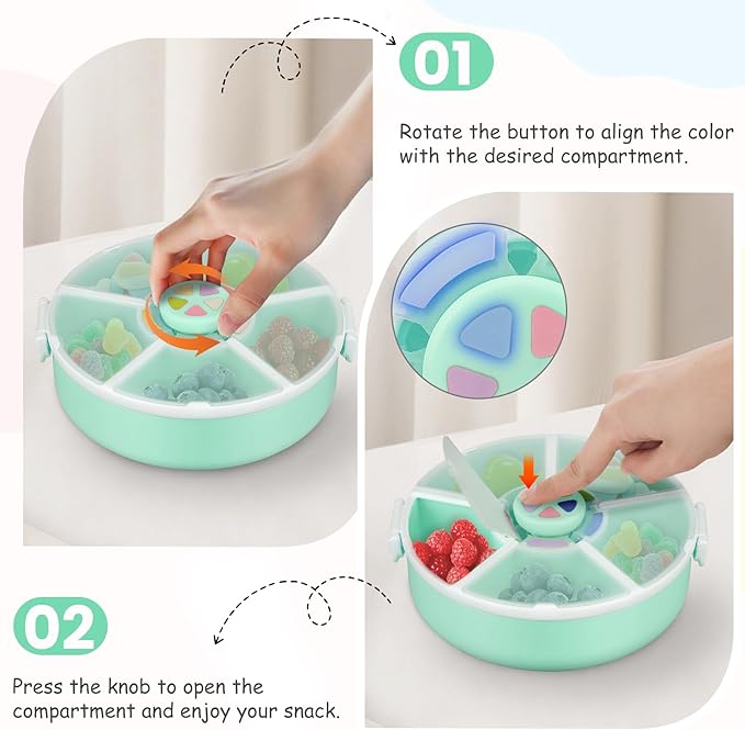 Kids' Rotating Snack Container Set – 2-Pack, Includes 1 Rotating Snack Container & 1 Round Sectioned Snack Box, BPA-Free, Dishwasher Safe, Perfect for Travel-Green