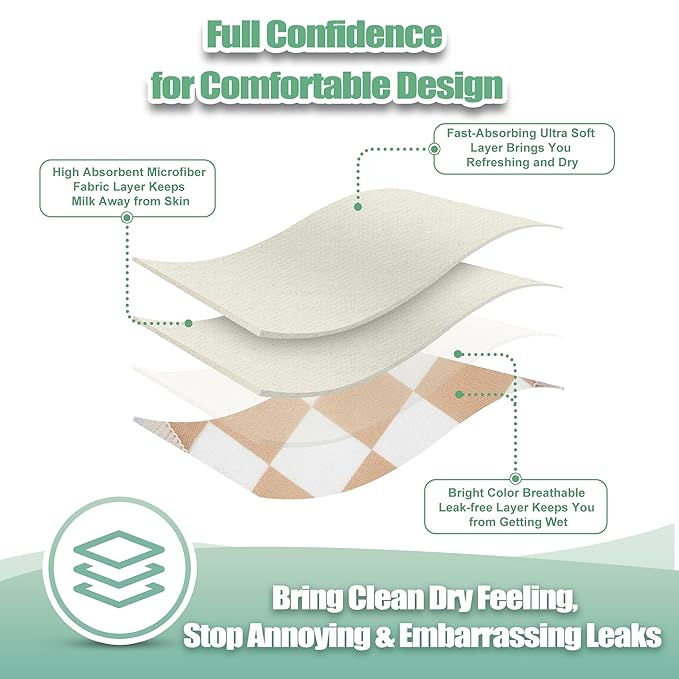 wegreeco Nursing Breast Pads (14 Pack) + Laundry Bag & Travel Storage Bag, 4.7 inch Option - Washable & Reusable Breastfeeding Nursing Pads (Light Coffee Checkerboard, Large, Plain Shape)