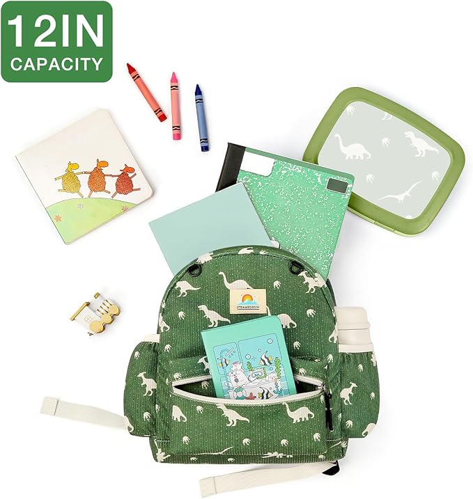 STEAMEDBUN Corduroy Toddler Backpack for Boys 2-4: Kids backpack for Boys Girls - 12 inch Preschool Kindergarten Backpacks - Dinosaur