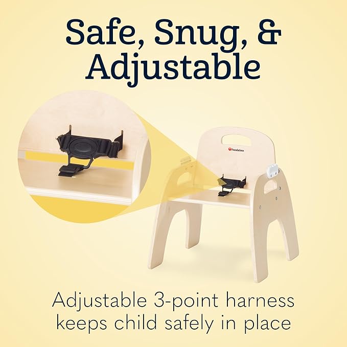 Foundations Easy Serve Low Wood Feeding Chairs Multipack, Adjustable Harness, Removable Dishwasher Safe Tray, No-Tip Base, Stackable Toddler Chairs, 2 Pack (13 inch)
