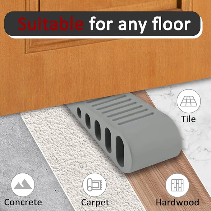 JQK Rubber Door Stopper Wedge, Grey 3 Pack Soft TPR Premium Door Stops for Bottom of Heavy Duty Door on Tile, Concrete, Carpet, Wooden Floor, DSB61-GY-P3