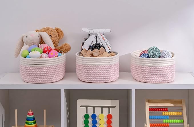 Off White&Mixed Pink Shelf Basket to Store and Organize Household Items/Baskets&Bins for Daily Storage &Organizing/Woven Rope Basket for Bedroom,Playroom/Small Oval-13x8.66x5.11’’,3 Packs