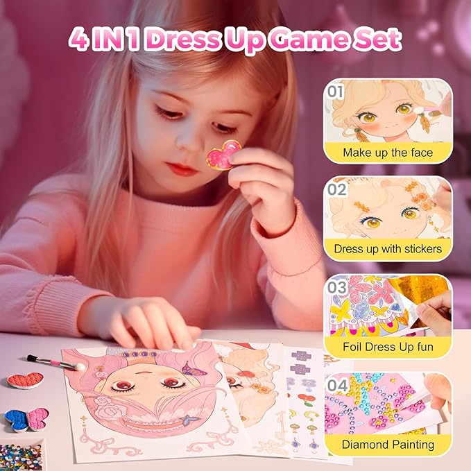 4 in 1 Princess Art Craft Kits, Foil Crafts Art Fun & Gem Painting, Makeup Diamond DIY Activity, Dress Up Sticker Books,Travel Toys, Ideal Toys for Girls Ages 6 7 8+ Years Old