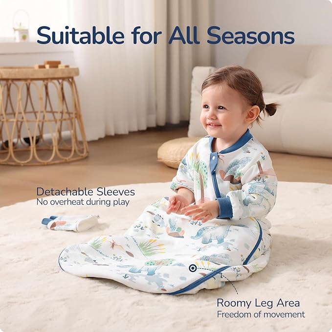 Baby Sleep Sack 6-12 Months, Cotton Detachable Long Sleeve Sleep Sack, 1.0 Tog Toddler Sleeping Sack with Temperature Strips, 2-Way Zipper Wearable Blankets for Newborns, Dinosaur
