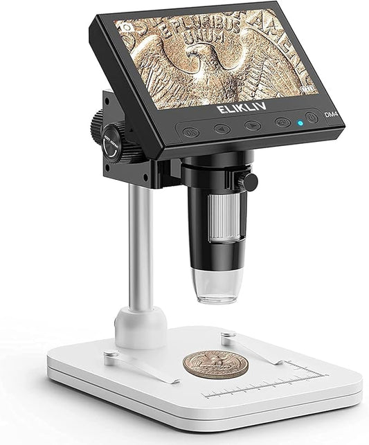 Elikliv Microscope, LCD Digital Coin Microscope 1000x, Coin Magnifier with 8 Adjustable LED Lights, PC View Compatible with Windows/MacBook, EDM4, 4.3-Inch