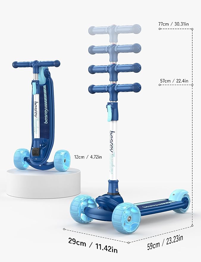 Besrey Kick Scooter for Kids Ages 3-10, 3-Wheel Folding Scooter with Adjustable Height, LED Light Wheels, Extra Wide Deck for Outdoor Activities