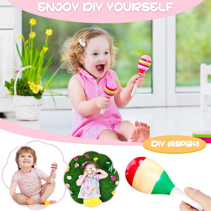 Leitee 6 Pcs DIY Wood Maracas Unfinished Hand Painted Maracas Party Favor Wooden Rumba Shakers Hand Percussion Rattles Musical Instruments with Clear Sound for Kid Adult (White)