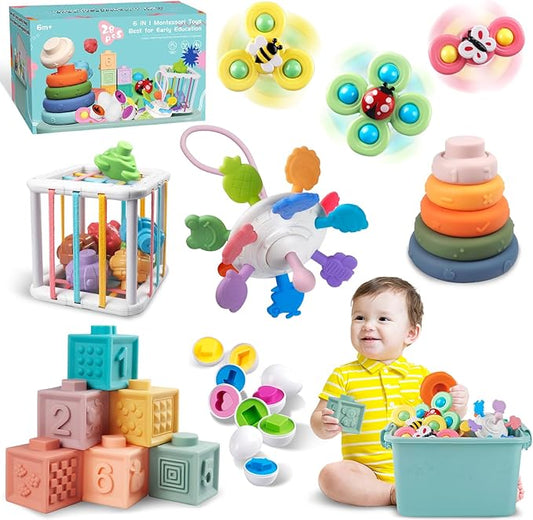 Baby Toys for 6 to 12 Months, Montessori Sensory Bins & Teething Toys, 6 in 1 Stacking Blocks, Rings, Eggs, Spinner, Crab Shape, 27 Pieces, Ages 6-36 Months