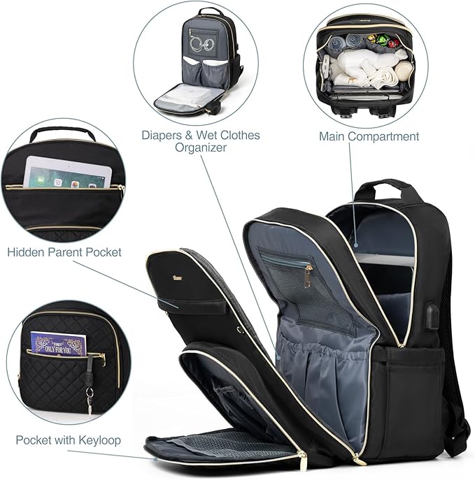 MOMUVO Diaper Bag Backpack, Quilted Baby Bag with Changing Pad and Stroller Straps and Pacifier Case, Large Travel Diaper Bags for Mom Dad,Black