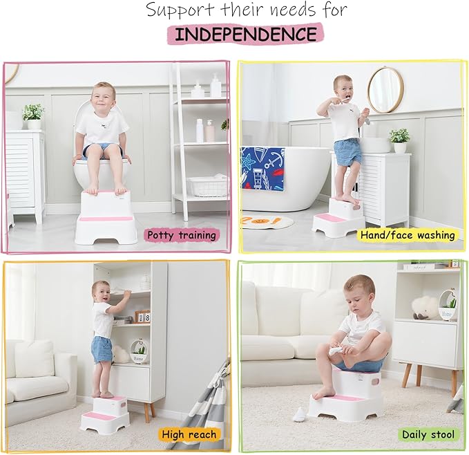 Two Step Stools for Toddlers Girls, Small Kids Step Stool for Bathroom Sink, No Slip Toddler Step Stool for Little Grils Room Princess Bedroom Closet Potty Training (2 Pack, White-Pink)