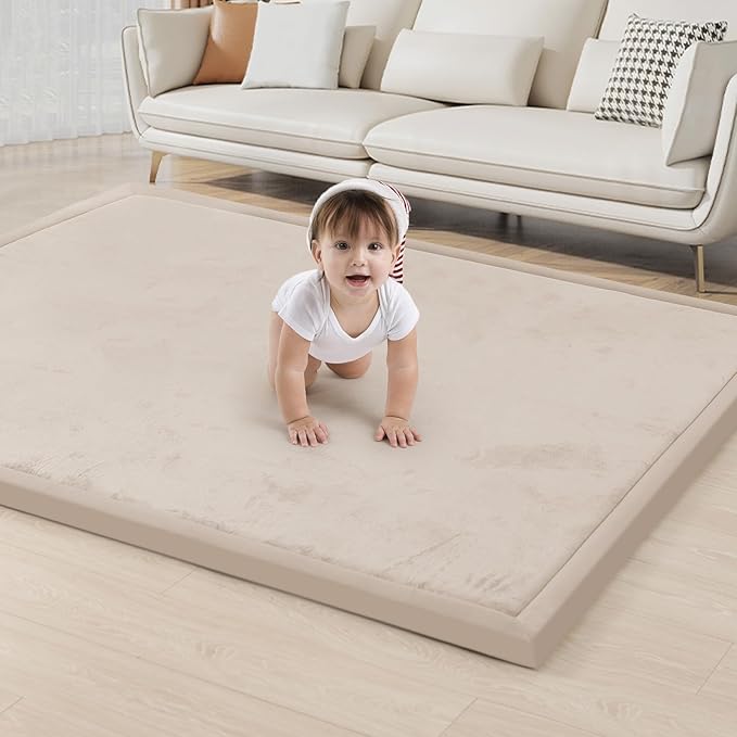 ACOMOPACK Baby Play Mat for Floor 1.3" Thick Memory Foam Play Mat 79"×118" Tummy Time Crawling with Non-Slip Bottom for Living Room,Nursery,Soft Velvet Playpen Mats for Kids,Infants（Beige）