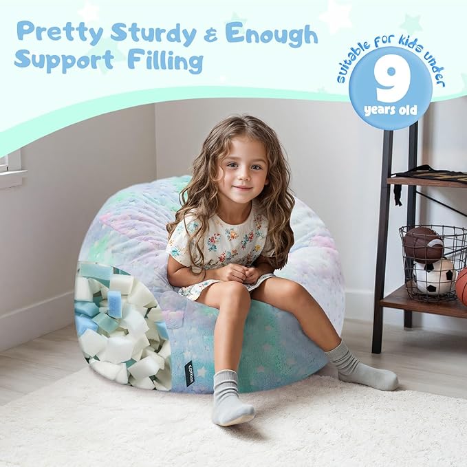 COMAX Kids Bean Bag Chair Turn into Beanbag Bed, Unicorn Toddler Bean Chair for Girl Boy Sleeping, Lazy Children Sofa Couch with Filler, Convertible Child Floor Mattress, Colorful Star