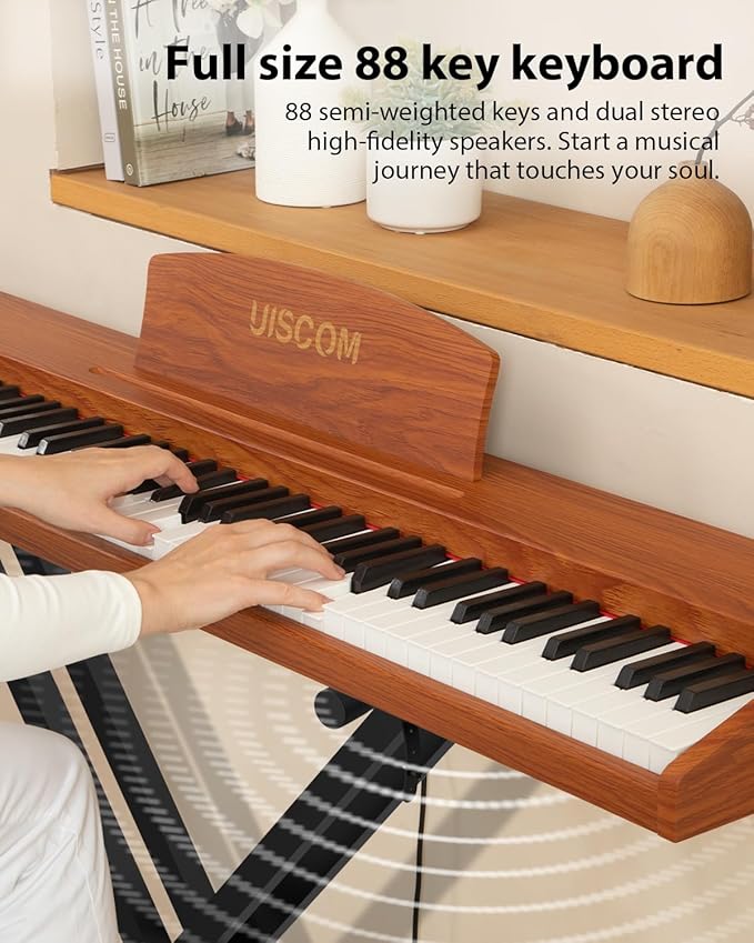 88 Key Digital Piano Keyboard for Beginners - Full Size Semi Weighted Wooden Electric Piano Set with Stand, Triple Pedal, Headphone,Carry Bag - Supports USB-MIDI Connecting (Wood Grain Brown)