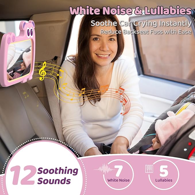 2-in-1 Baby Car Mirror with Lights & Soft Sounds, Cry Detector, Clear Night View, 360° Rotation, Shatterproof, Rear Facing Baby Car Seat Mirror with Remote Control, Perfect Baby Shower Gifts (Pink)