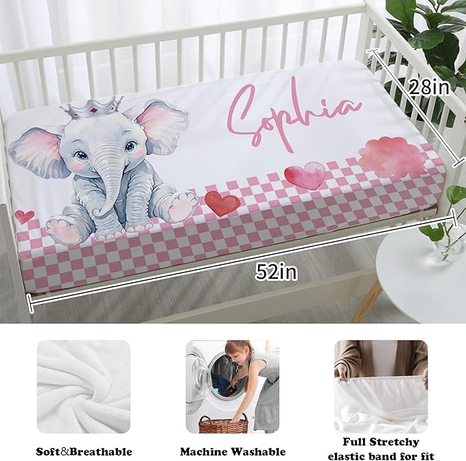 Custom Nursery Crib Bedding Set: Personalized Name 4 Piece Pink Checkered Elephant Pattern Baby Crib Sets for Girls - Toddler Double Layer Blanket Set, Comfortable Crib Bed Sheets for Baby Toddlers