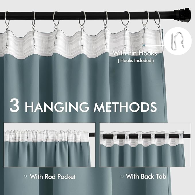 MIULEE Greyish Blue Back Tab Blackout Curtains 72 Inches Long 2 Panels Set for Living Room Bedroom Privacy, Rod Pocket/Pinch Pleat Thermal Insulated Room Darkening Pleated Light Blocking Drapes