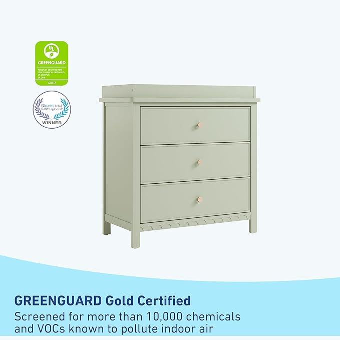 Graco Sasha 3-Drawer Chest with Changing Table Topper (Sage) – GREENGUARD Gold Certified, Nursery Bedroom Wood Chest with Spacious Storage, Interlocking Drawer System, Pre-Installed Tracks