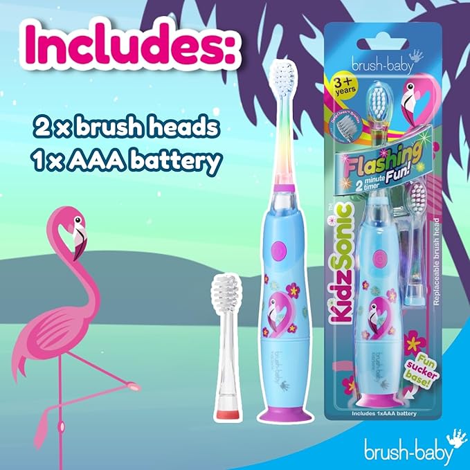 Brush‑Baby - KidzSonic Flamingo Kids Electric Toothbrush for Ages 3+ with Disco LED Lights, Gentle Sonic Vibrations, 2-Minute Smart Timer & 30‑Second Pulse Reminders – AAA Battery Included