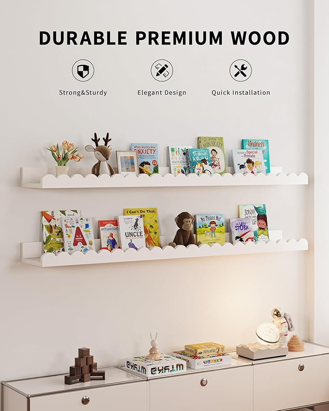 Nursery Book Shelves, 4-Pack White Floating Shelves for Wall Kids, Scalloped Shelves, Wall Book Shelves for Bedroom Kids, Toddler Room, Baby Room, Nursery Decor (White, 36 Inches)