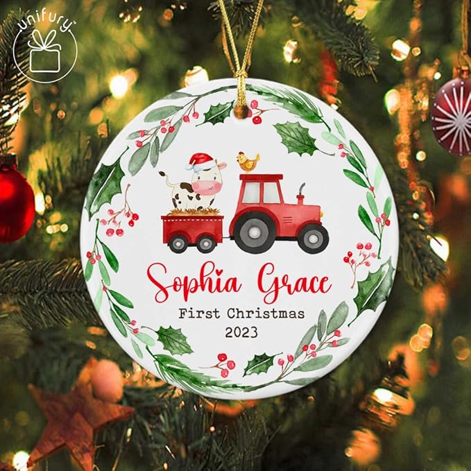 Unifury Personalized Baby First Christmas Ornament 2024, Adorable Keepsake for Babies First Christmas Tree, Holiday Decor for Celebrating Ceramic Babys 1st Christmas Ornament 2024, Farm Animal