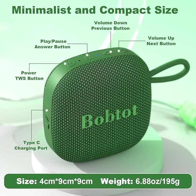 Bobtot Portable Bluetooth Speakers Wireless - IPX7 Waterproof Mini Shower Speaker with 16 Hours Playtime, Loud Stereo Sound, Rich Bass, TWS, Built-in Mic, Small Size for Travel Sport, Green