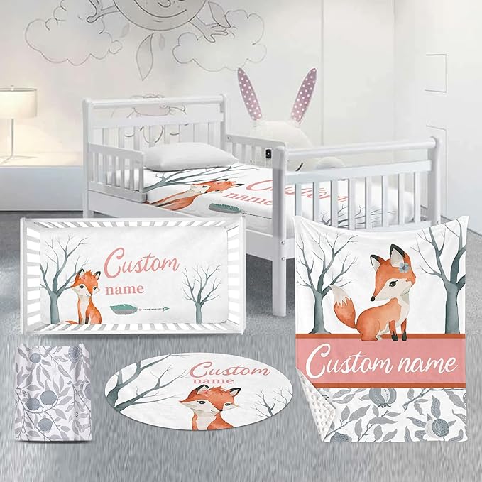 Custom Nursery Crib Bedding Set: Personalized Name 4 Piece Fox Pattern Baby Crib Sets for Girls - Toddler Double Layer Blanket Set, Comfortable Crib Bed Sheets for Baby Toddlers