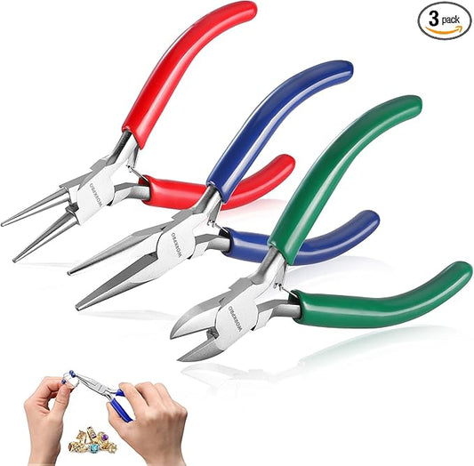 WORKPRO Jewelry Pliers Set, 3 Pack Jewelry Making Tool Kit- Needle Nose Plier/Chain Nose Plier, Round Nose Plier and Wire Cutter for Charm Bracelet, Jewelry Repair, DIY Crafts, Jewelry Making Supplies