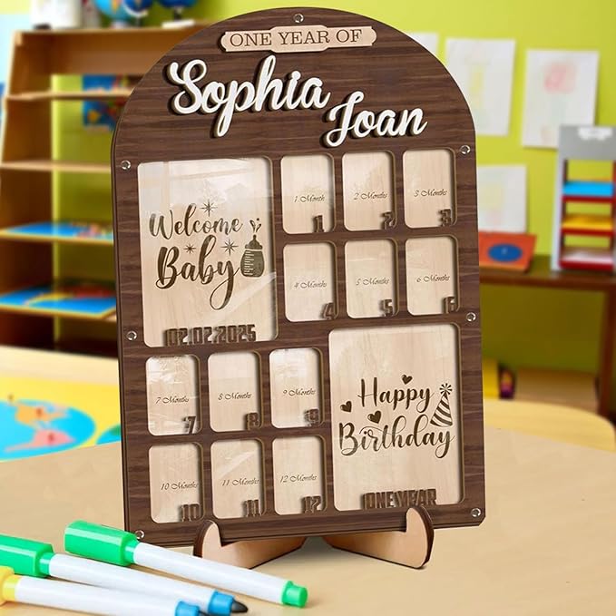 V-DECORPARKS Personalized My First Year Photo Frame | 12 Months Picture Frame For Baby First Year | Displays Two 4x6 Photo and Twelve 2x3 Pictures | Welcome Baby To Happy Birthday With Birth Stats