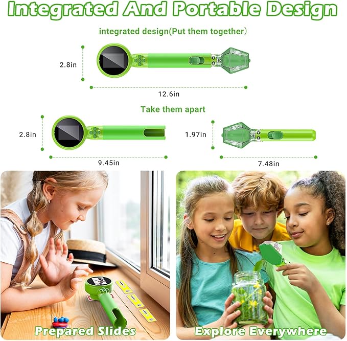 2 in 1 Kids Microscope with Bug Catcher,HD 500X Digital Microscope for Kids with 2" Screen,Photo and Video,STEM Educational Science Kit Learning Toys for Age 3-12 Girls & Boys Birthday Gifts (Green)