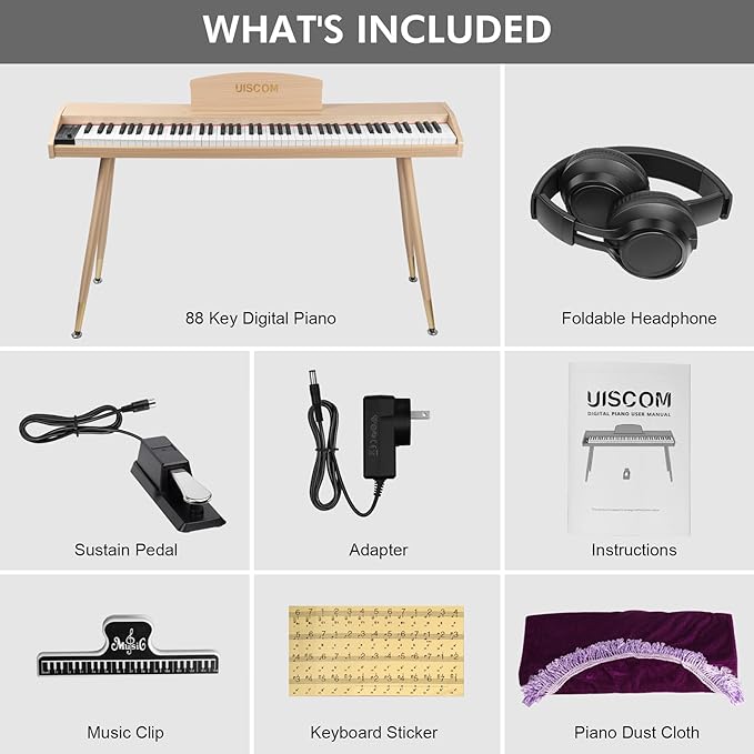 Digital Piano Keyboard for Beginners, Full Size 88 Key Semi-Weighted Keyboard Electric Piano with Stand,Power Adapter,Sheet Music Stand,Pedal,Headphone,USB-MIDI Compatible,Wood Grain Apricot