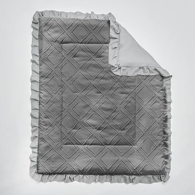 Tufted Ruffle Crib Bedding Set 3 Pieces Baby Boho Quilted Comforter with Fitted Sheet and Bed Skirt - Cute Ruffled Shabby Chic Baby Bedding Soft Blanket Design Gray