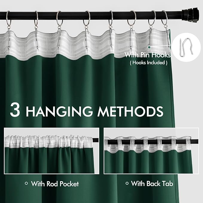 MIULEE Hunter Green Back Tab Blackout Curtains 84 Inch Length 2 Panels Set for Living Room Bedroom, Rod Pocket/Pinch Pleat Thermal Insulated Room Darkening Pleated Light Blocking Drapes
