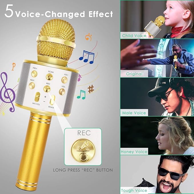 KIDWILL Wireless Bluetooth Karaoke Microphone for Kids, 5-in-1 Portable Handheld Karaoke Mic Speaker Player Recorder with Adjustable Remix FM Radio for Kids Girls Boys Teens Birthday (Gold)