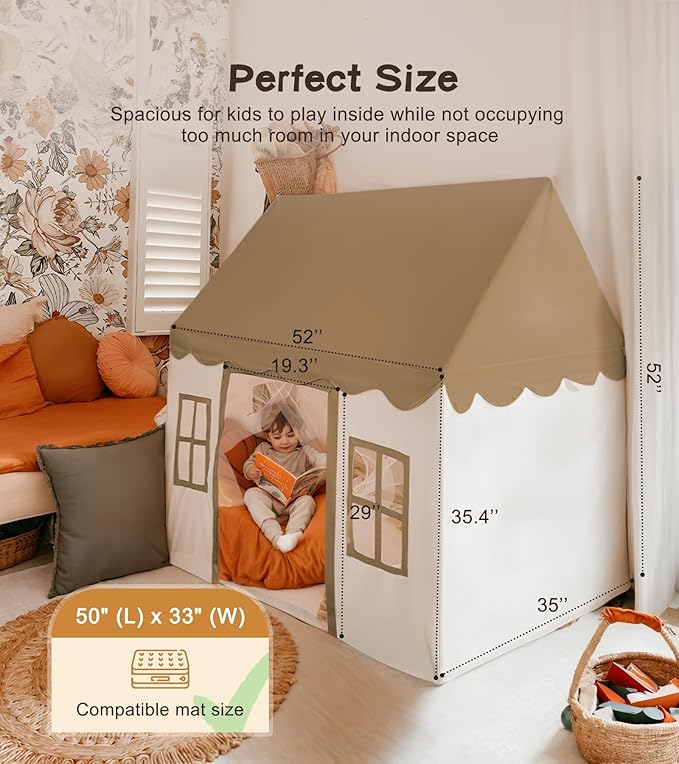 Play Tent with Mat, Star Light Large Kids Playhouse with Windows Easy to Wash, Indoor and Outdoor Play Tents for Kids, Little Dove Toys for Girls, Boys, 47x40x52 (Brown Playhouse, Large Size)