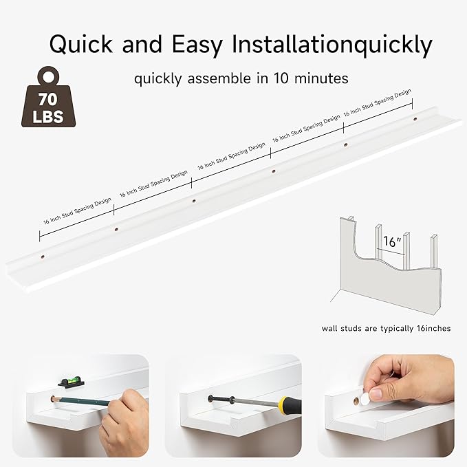 Floating Picture Ledge Shelves for Wall Set of 2, 95 Inches Picture Ledge Shelf with Long Large Nursery Book Shelf for Toys Storage Kids Bookshelf Wall Mounted Living Room Bedroom Decor Frames, White