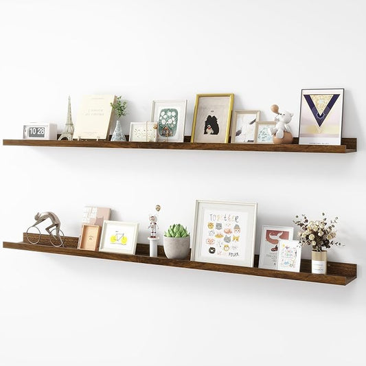 Picture Ledge Shelf, Wood Long Floating Shelves for Wall, Set of 2, 56 inch Picture Ledge Shelves, Photo Ledge Nursery Book Shelves Wall Mounted for Living Room Kids' Room Bedroom, Color Walnut
