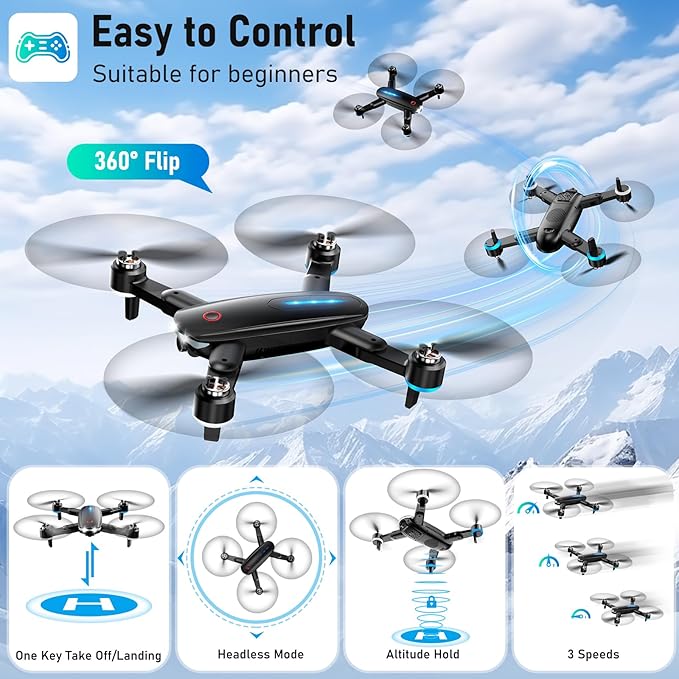 Drone with Camera, 1080P HD FPV Foldable Drone with Brushless Motor Optical Flow, One Key Take Off/Land, 360° Flip, Waypoint Fly, Gesture Selfie, 2 Batteries, Mini Drones for Kids 14+