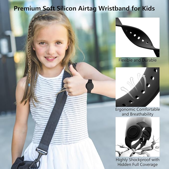 Waterproof Airtag Bracelet for Kids,Hidden Airtag Wristband Kids,Anti-Lost Silicone Apple Airtag Holder Case for Toddler,Airtag Case Cover Accessories Watch Band GPS Tracker for Child-Black