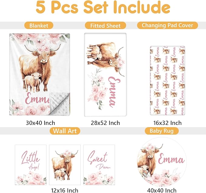 Personalized Baby Crib Bedding Set, 5 Pcs Custom Name Nursery Bedding Set, Pink Highland Cow Baby Bedding Set for Girl, Double Layer Baby Crib Sets, Customized Gifts for Toddlers Kids Infants