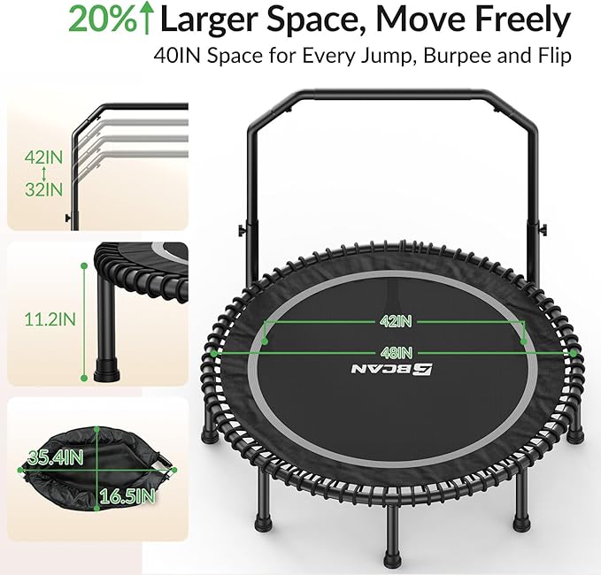 BCAN 40"/48" Mini Rebounder Trampoline for Adults with Bar, 450/550LBS Fitness Trampoline with Bungees, Adjustable Handle, Stable & Quiet, Indoor Outdoor, Whole-Body Workout & Relaxation at Home