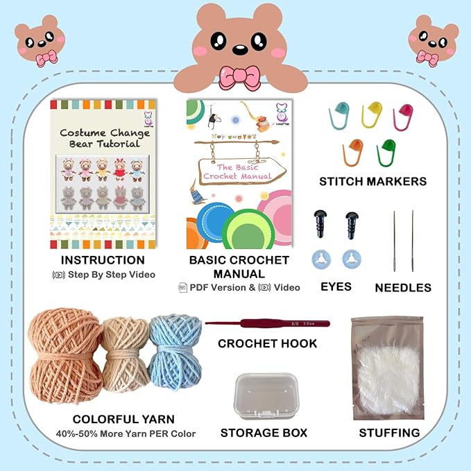 LoopMap Crochet Kit for Beginners - DIY Amigurumi Bear with Removable Dress & Accessories - Step-by-Step Video Tutorials, Extra Yarn, Crochet Tools, Handmade Gift for Kids & Adults (Bear K01, Blue)